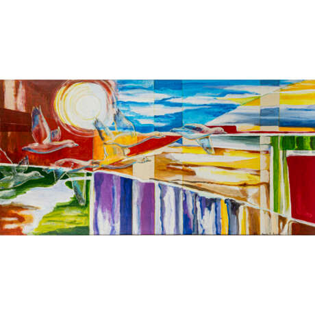 LORENZO, AMALIA J. (spanische Künstlerin 20./21. Jahrhundert), "Fliegende Gänse in abstrahierter Landschaft", - Foto 1