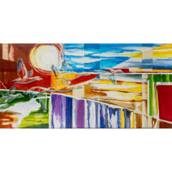 LORENZO, AMALIA J. (spanische Künstlerin 20./21. Jahrhundert), "Fliegende Gänse in abstrahierter Landschaft",