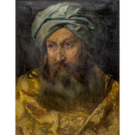 ZACH-DORN, CAMILLA (1859-1940), "Portrait eines bärtigen Herrn mit blauem Turban und gelb-weißem Gewand", - Foto 1