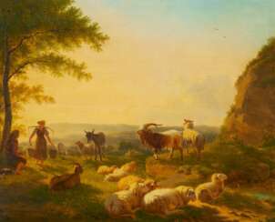 Hirten mit Schafen und Ziegen auf der Weide
