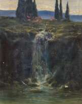 Italienische Landschaft mit Zypressen und Wasserfall