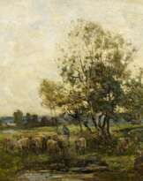 Weite Heidelandschaft mit einem Schäfer und seiner Herde