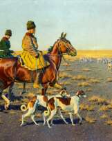 Kosakenreiter mit ihren Jagdhunden