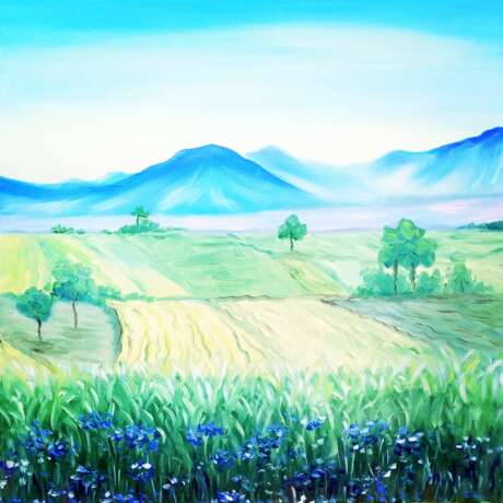 “Green pastures. Diptych.” Canvas Oil paint Impressionist Landscape painting 2018 - photo 2