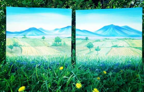 “Green pastures. Diptych.” Canvas Oil paint Impressionist Landscape painting 2018 - photo 3