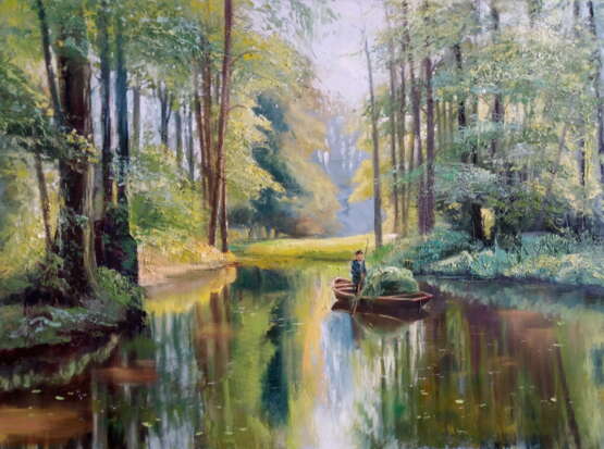 “Backwater boat on the river Summer day.” Canvas Oil paint Impressionist Landscape painting 2019 - photo 1