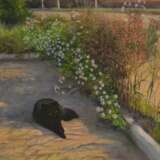 “Black cat on the road” Canvas Oil paint Impressionist Landscape painting 2019 - photo 1
