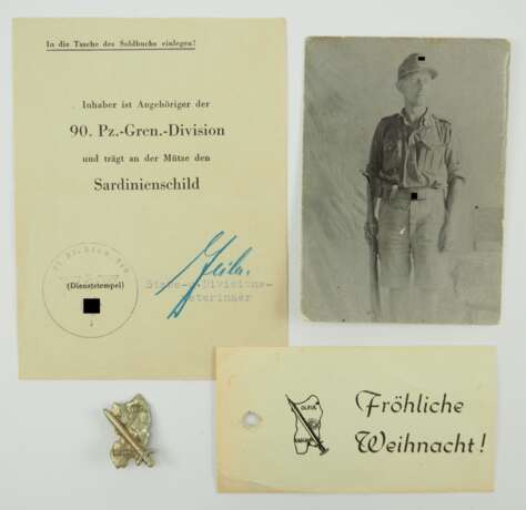 Sardinienschild mit Urkunde für einen Angehörigen der 90. Panzer-Grenadier-Division. - фото 1