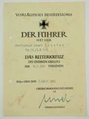 Ritterkreuz des Eisernen Kreuzes, Vorläufiges Besitzzeugnis für den Oberleutnant Eduard Schäfer - Führer II./ Grenadier-Regiment 1115.