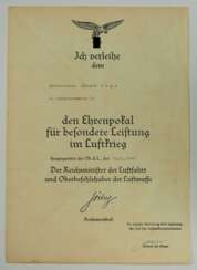 Ehrenpokal für besondere Leistungen im Luftkrieg Urkunde für einen Oberleutnant der 6./ Jagdgeschwader 26.