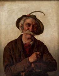 KOTSCHENREITER, G. HUGO (1854-1908), "Portrait eines Bauern mit Pfeife und Feder am Hut",