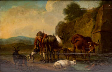 BERCHEM, Nicolaes, ATTRIBUIERT / UMKREIS (N.B.: 1620-1683), "Hirte mit seinen Tieren in felsiger Landschaft",