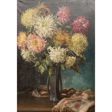 KRUM, H. (?, undeutlich signiert, 19./20. Jahrhundert), "Stillleben mit Chrysanthemen in Jugendstilvase", - photo 1