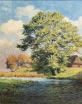 Sommerlandschaft mit Häusern am See