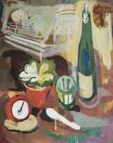 Stilleben mit Flasche und Wecker