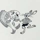 Вальк Г.О. Иллюстрация к книге. Заяц и рыба. 1972 г. - фото 1