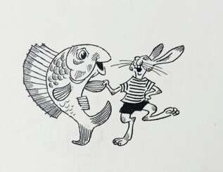 Вальк Г.О. Иллюстрация к книге. Заяц и рыба. 1972 г. 