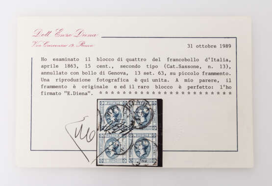 Italien 15 Cent. 1863 König, seltener gestempelter Viererblock, - Foto 2