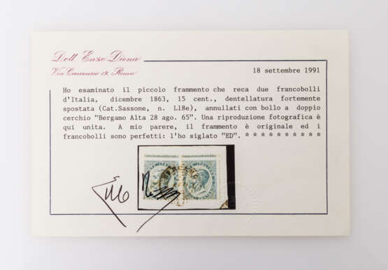 Italien 15 Cent. 1863 König, mit Verzähnung auf Briefstück, - фото 2