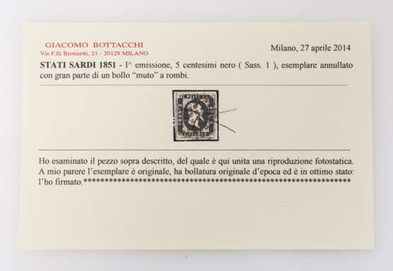 Italien Sardinien: 5 Cent. 1851 schwarz, knapp- / vollrandiges Prachtstück, - фото 2
