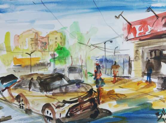«Lavage de voiture sur Abai rue» Papier Aquarelle Expressionnisme Peinture de paysage 2018 - photo 1