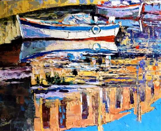 «Вечер лодки отражение» Холст Масляные краски Импрессионизм Морской пейзаж 2020 г. - фото 1