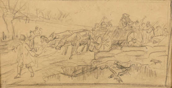 Zeichnung mit Pferdekarren und Bauernvolk - Foto 1