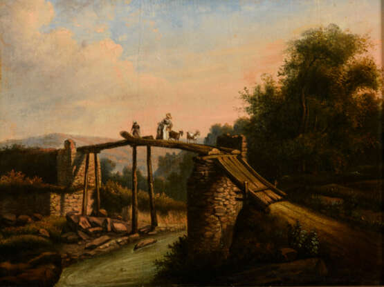 Landschaftsmaler um 1780: Holzbrücke über einem Flüsschen - Foto 1