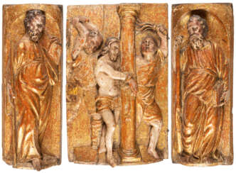 THREE RELIEF PANELS: FLAGELLATION OF CHRIST AND TWO APOSTLES