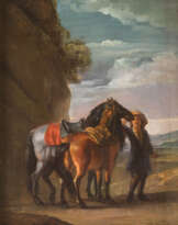 PAAR GEMÄLDE: REITER MIT PFERDEN VOR ARCHITEKTURKULISSE