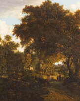 WALDLANDSCHAFT MIT BAUERNHÄUSERN, VORNE BAUERN AUF EINEM WEG