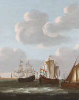 SEGELSCHIFFE UND SEGELBOOTE VOR DER KÜSTE, AM HORIZONT SILHOUETTE EINER STADT