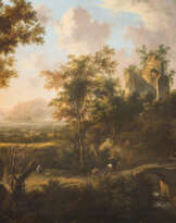 HÜGELIGE WALDLANDSCHAFT MIT BURGRUINE, BACH UND REISENDEN
