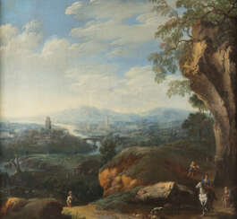SOUTHERN FANTASY LANDSCAPE WITH RIDERS, BEGGARS AND FISHERMEN IN FRONT OF A MAGNIFICENT ITALISIERENDER IDEAL CITY BACKDROP