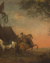 PAAR GEMÄLDE: SOLDATEN BEIM ANKOMMEN UND VERLASSEN DES ZELTLAGERS