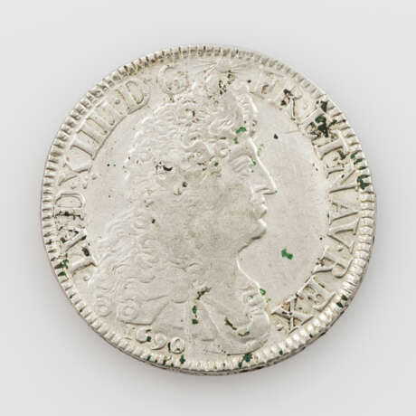 Frankreich - Ecu 1690/L, Ludwig XIV., Av: Brustbild n.r., Rv: 4 x LL unter Kronen, ss., gereinigt, - фото 1