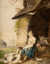 KONVOLUT GEMÄLDE. STRICKENDE GÄNSEMAGD (1); AUFBRUCH DES SCHÄFERS (2)