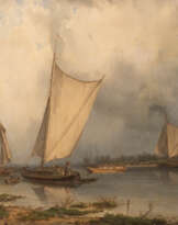 LASTKÄHNE AM UFER DER ELBE