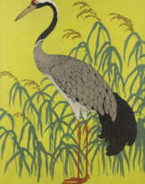 ** ROTHAUBENKRANICH IM SCHILF AUF GELBEM GRUND (NACH LINKS)