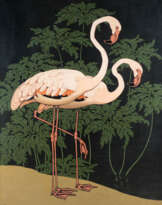 ** FLAMINGOPAAR MIT GRÜNEN BLÄTTERN