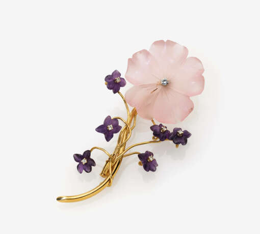 Brosche in Form eines Blütenzweiges mit Amethysten, Rosenquarz und Brillanten - Foto 1