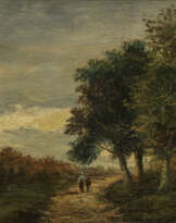 Bäuerin mit Kind auf einem Weg am Waldrand