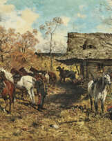 Rastende Soldaten vor einer Bauernkate