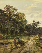 Waldlandschaft mit rastendem Waldarbeiter