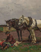 Rastender Bauer mit zwei Ackerpferden 