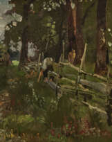 Bauernbub, am Gatter sitzend