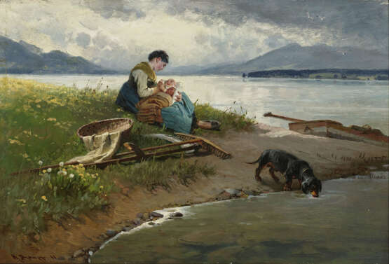 Raupp, Karl . Bäuerin mit Kind und Dackel am Ufer des Chiemsees - photo 1