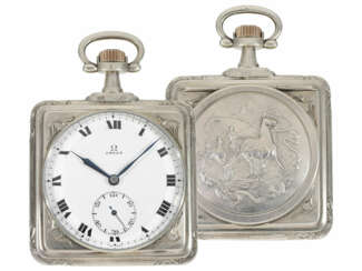 Taschenuhr: sehr seltene quadratische Jugendstil-Taschenuhr von Omega, Silber, ca.1900
