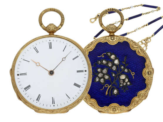 Taschenuhr/Anhängeuhr: elegante Gold/Emaille-Damenlepine mit Diamantbesatz und originaler Gold/Emaille-Uhrenkette mit dazugehörigem goldenen Schlüssel, Le Roy & Fils No.65170, Paris ca. 1840 - Foto 1