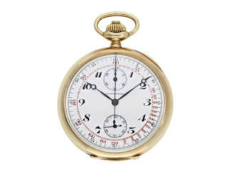 Taschenuhr: feiner, goldener Longines Chronograph mit roter Tachymeterskala und Originalbox, ca.1925